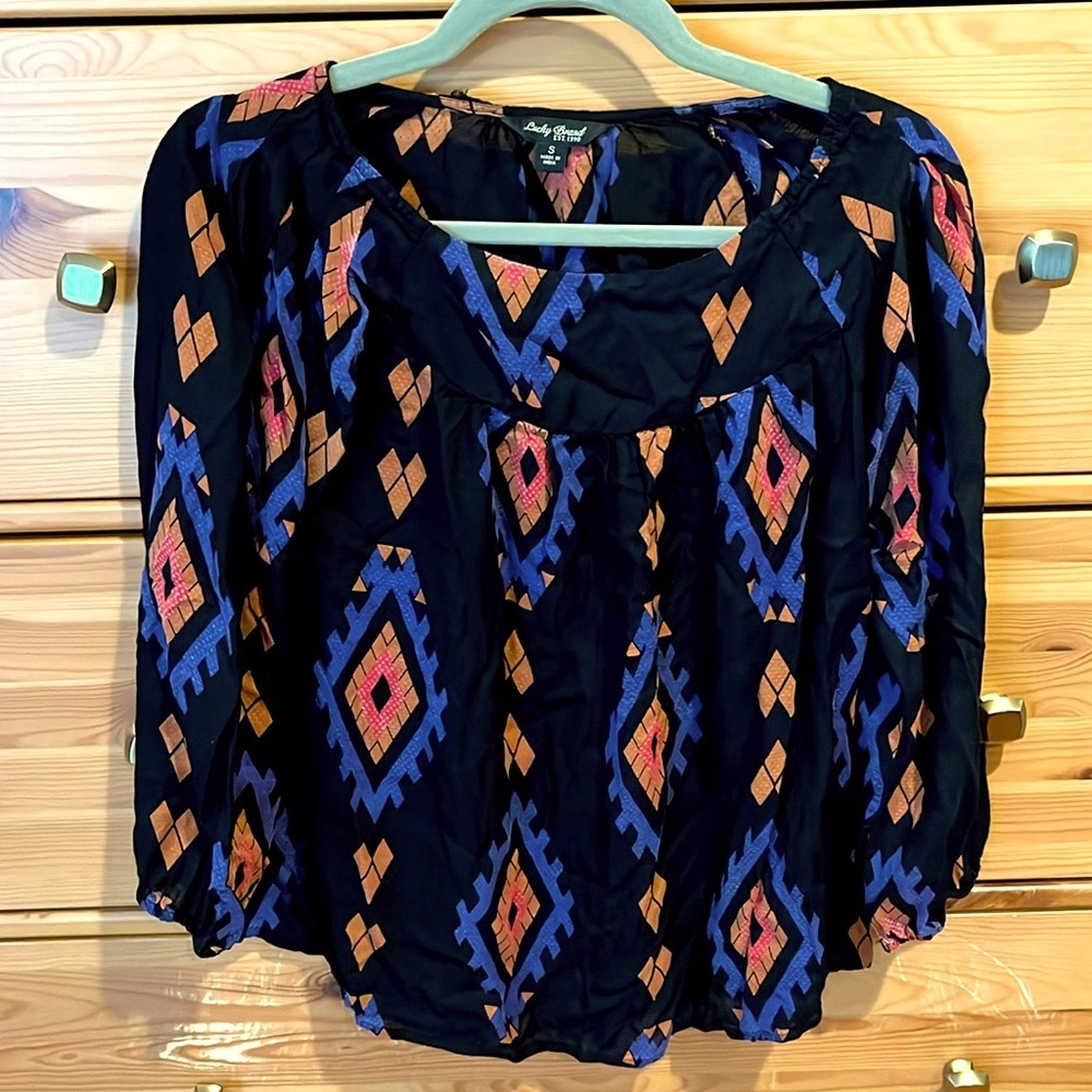 Lucky Brand blouse — Black With Multi Color Boho Aztec Geometric Print